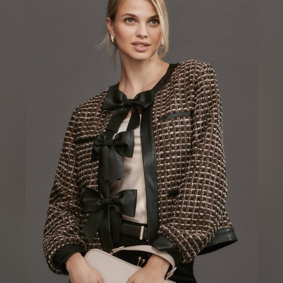 Anthropologie Tweed Vegan Leather Trimmed Jacket with bows (L) - Picture 1 of 6